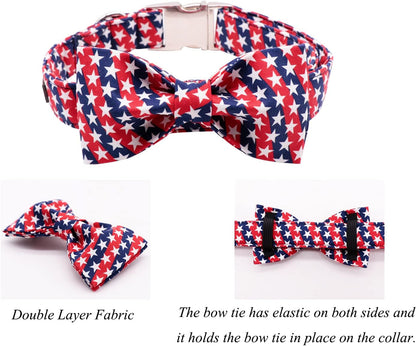 Lionet Paws Patriotic Dog Collar with Bowtie, 4th of July, Soft and Comfortable, Adjustable Collar