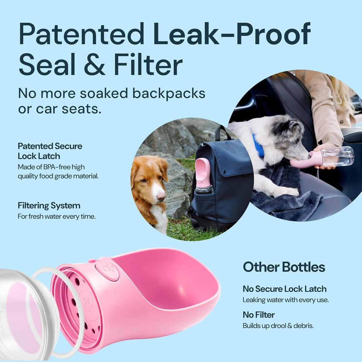 MalsiPree Dog Water Bowl Dispenser - 12 Oz, Pink - Portable Dog Water Bottle & Travel Pet Bowl