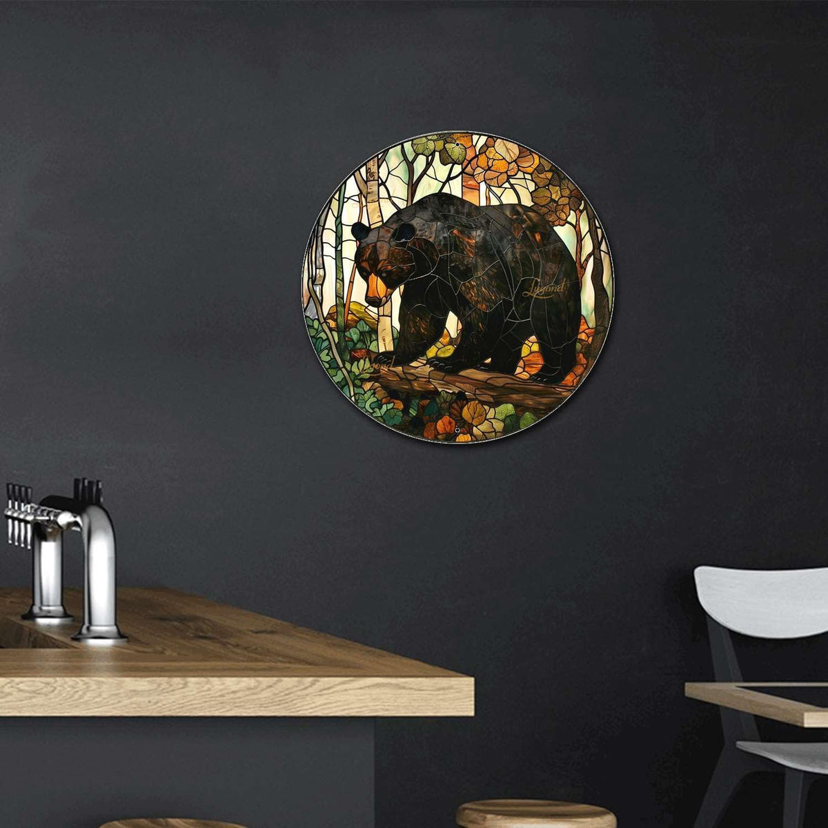 Lygond Metal Sign Tin Sign Circular Stained Glass American Black Bear Gardening Poster for Bar 8×8