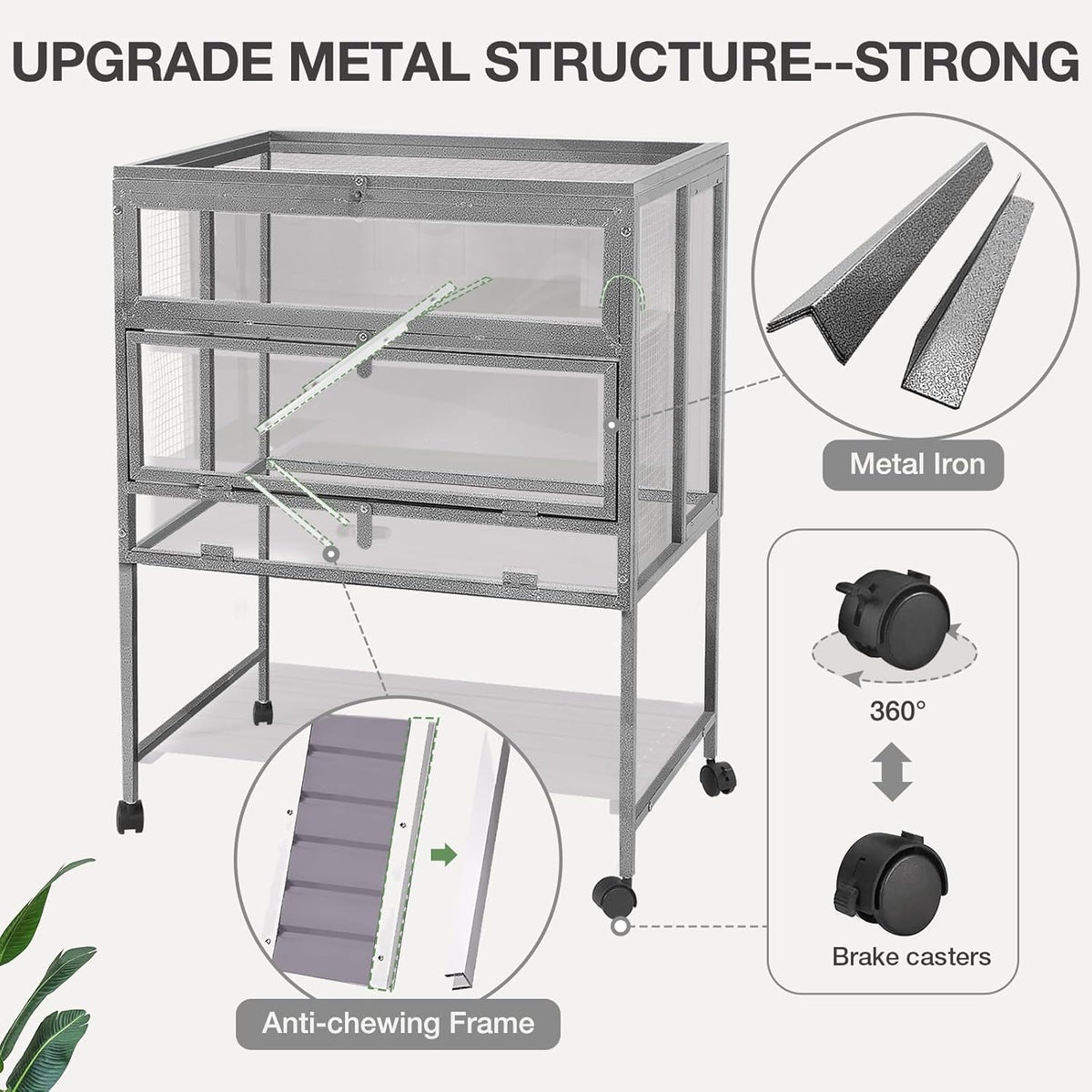 Guinea Pig Cage, Moveable Metal Frame Hamster Cage Anti-Chewing with Aluminium Alloy Edge
