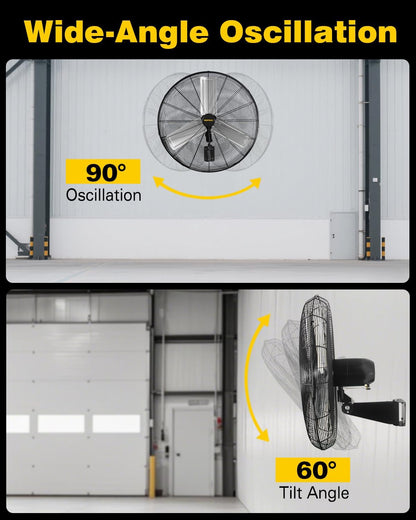 VENTISOL 30 Inch Wall Mount Fan Oscillating, 9500 CFM High Velocity Industrial Fans with 3 Speeds