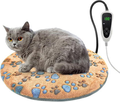 Cat Heating Pad, 16 in Round Heated Bed Smart Thermostatic Switch, Add Wire Rope Cat Carpet Puppy
