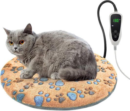 Cat Heating Pad, 16 in Round Heated Bed Smart Thermostatic Switch, Add Wire Rope Cat Carpet Puppy