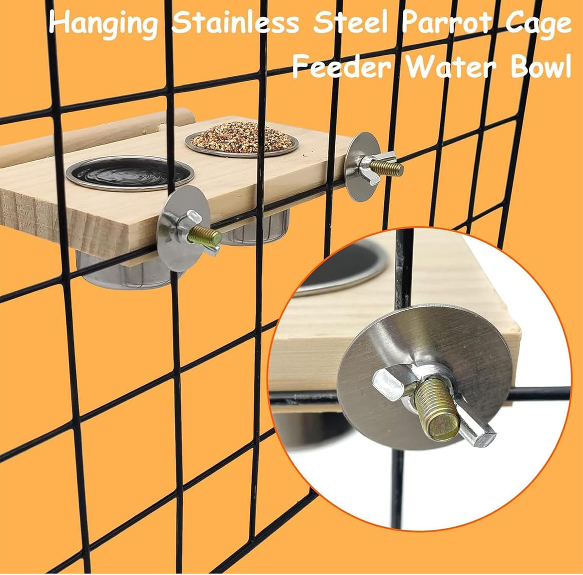 Tfwadmx Bird Feeding Dish Cups with Wooden Platform Hanging Stainless Steel Parrot Cage Feeder Bowl