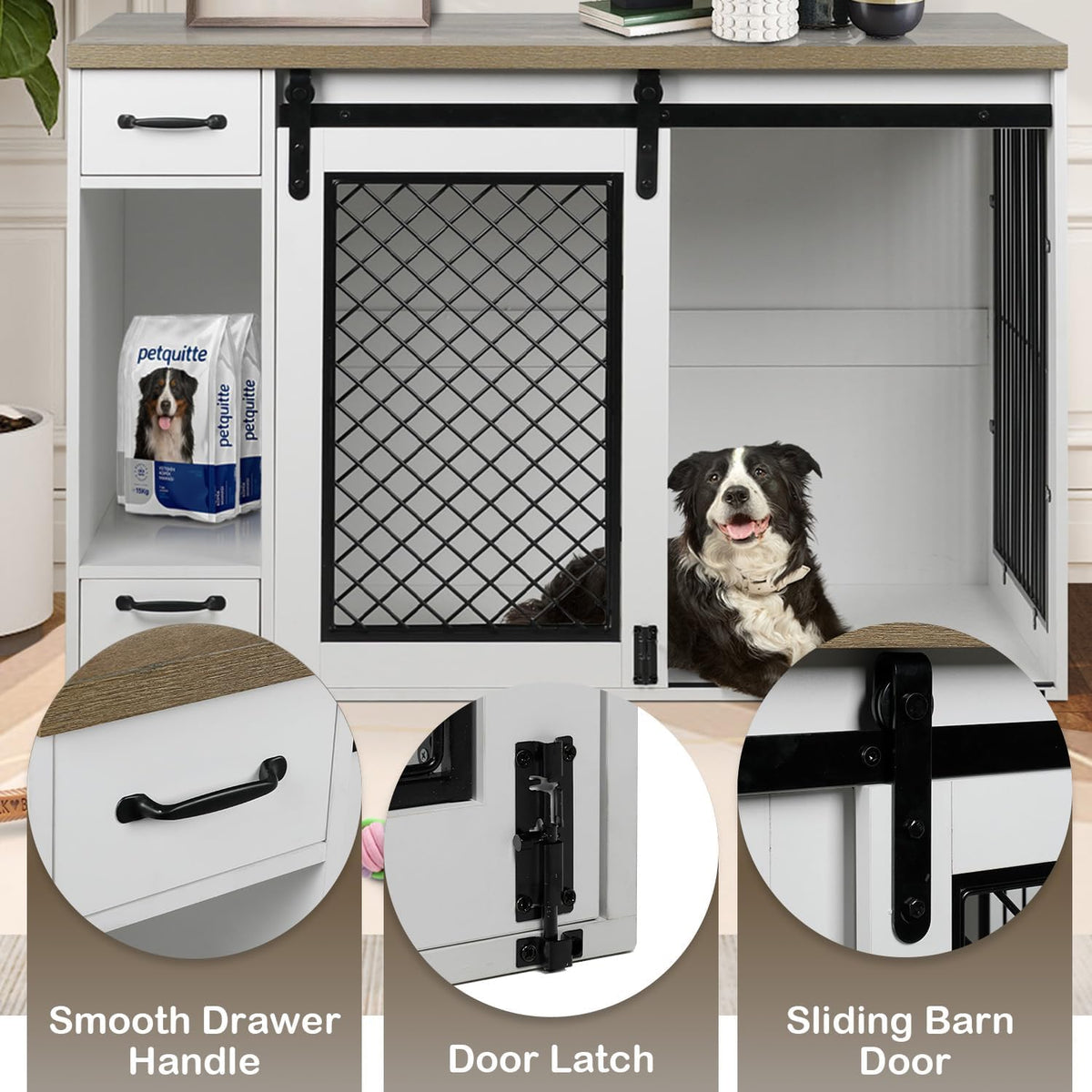 Large Dog Crate, Dog Crates for Medium Dogs, 47.2" Dog Kennel Indoor with Drawers, Feeder Bowls and