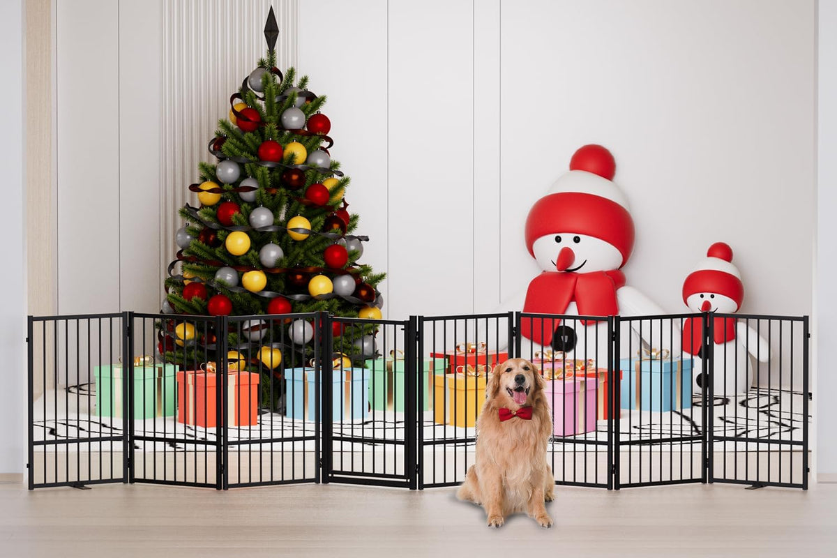 Full Metal Freestanding Dog Gate with Door, 32''Height Foldable Pet Dog Fence for Indoor & Outdoor