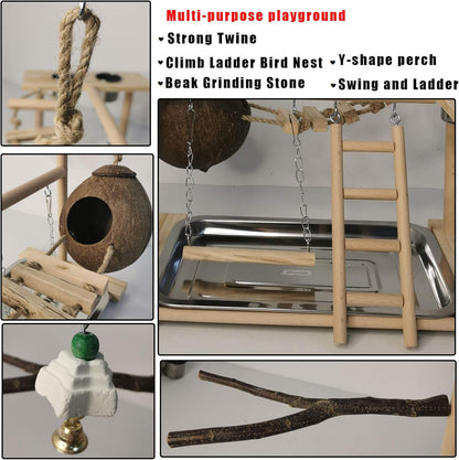 Parakeet Playground Bird Play Stand Natural Wood Perch Gym Parrots Nest Climb Swing Ladders with