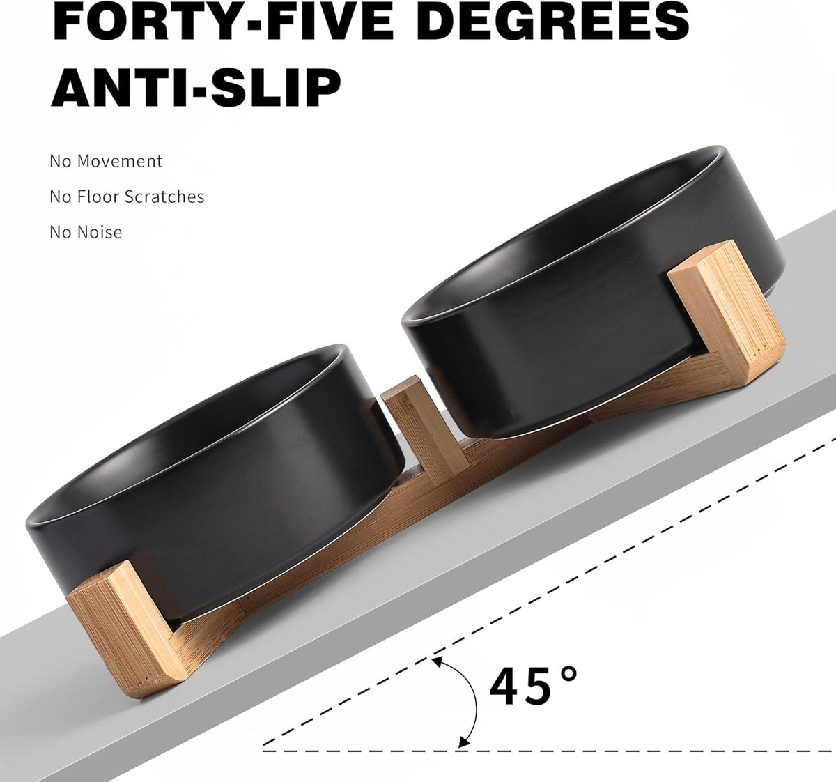 Black Ceramic Dog & Cat Bowl Set – 13.5 OZ with Wooden Stand, Non-Slip, Elevated Design for Small