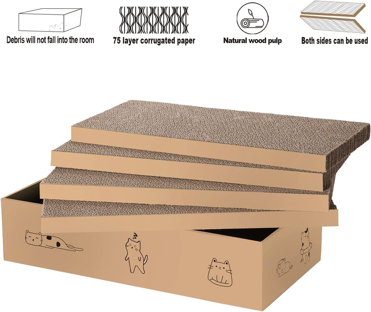 4 Packs in 1 Cat Scratch Pad with Box, Cat Scratcher Cardboard,Reversible,Durable Recyclable