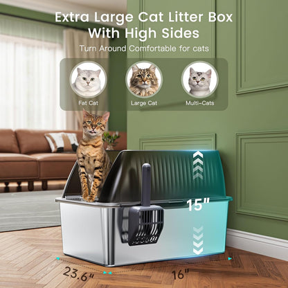 Tripamin 15” XL Stainless Steel Cat Litter Box Enclosure, XXL Stainless Steel High Sides with Lid