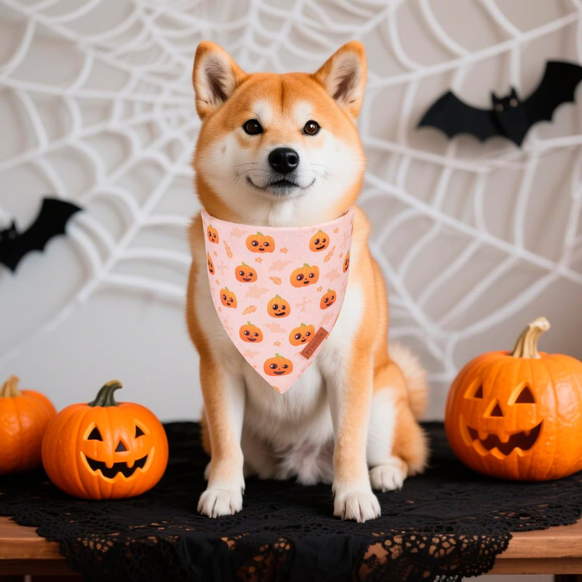 PTDECOR Halloween Dog Bandana, Cute Ghost Pumpkin Design Reversible Holiday Pet Scarf, Adjustable