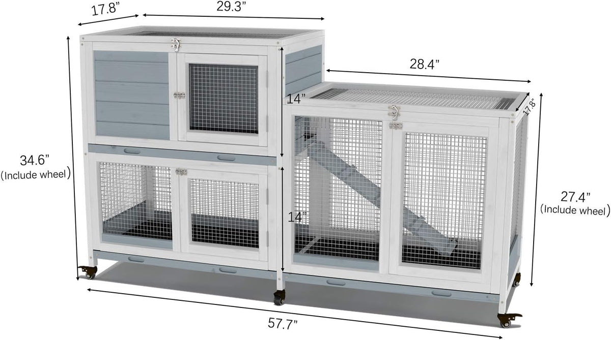 GDLF Two Floors 58" Wooden Indoor Bunny Hutch Rabbit Cage on Wheels Guinea Pig PET House for Small