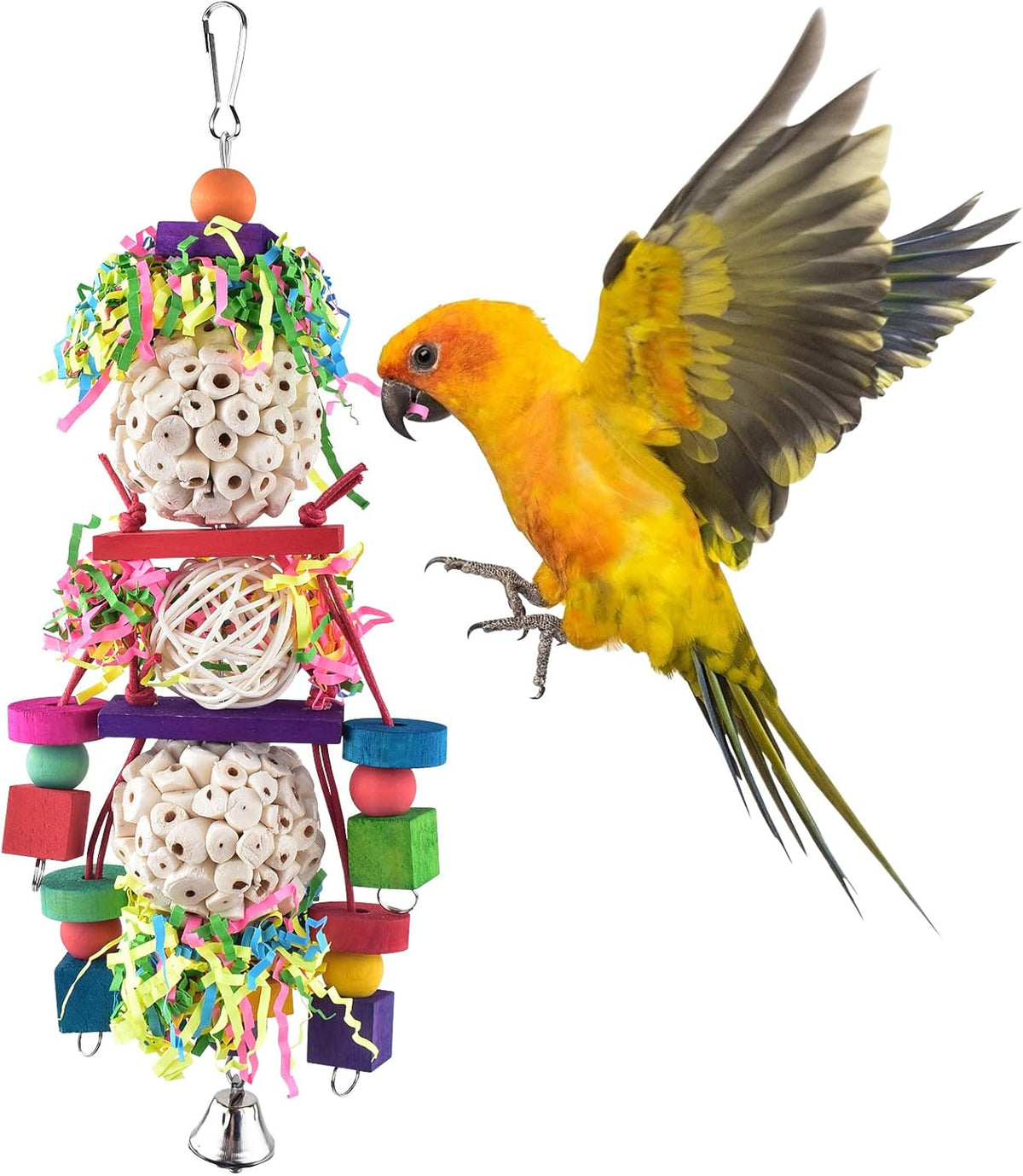 Bissap Conure Toys, Bird Parrot Foraging Shredder Hanging Toys Sola Balls Sepak Takraw with Bell