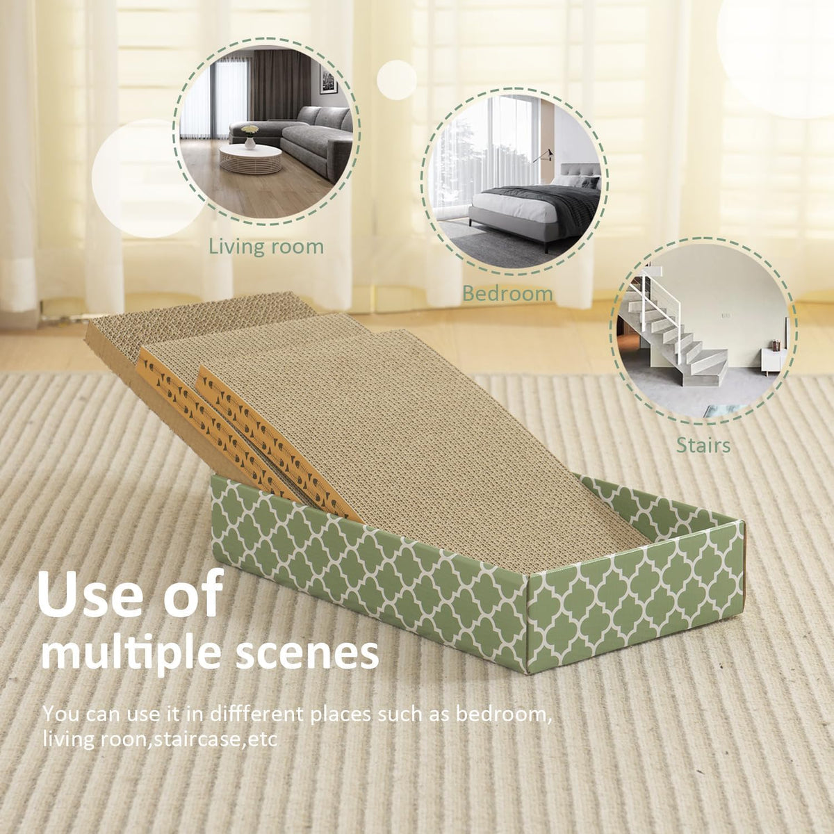 MECOOL Cat Scratching Board，3PC Scratch Pad with Box，Reversible Corrugated Scratcher Cardboard and