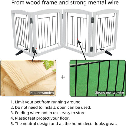 ZJSF Freestanding Dog Fence Indoor, Foldable Dog Gate for Doorways, Stairs or Hallways, Sturdy Wood