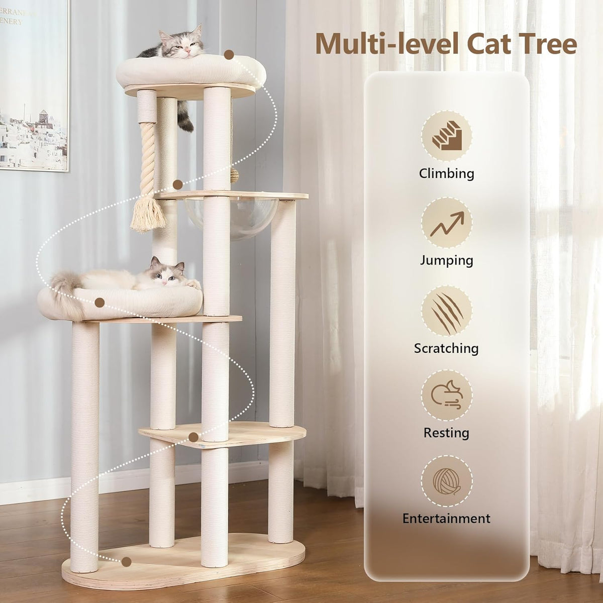 59" Modern Cat Tree Multi-Level Large Cat Tower Heavy Duty Cat Tree with Hammock,Cotton Scratching