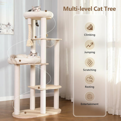 59" Modern Cat Tree Multi-Level Large Cat Tower Heavy Duty Cat Tree with Hammock,Cotton Scratching