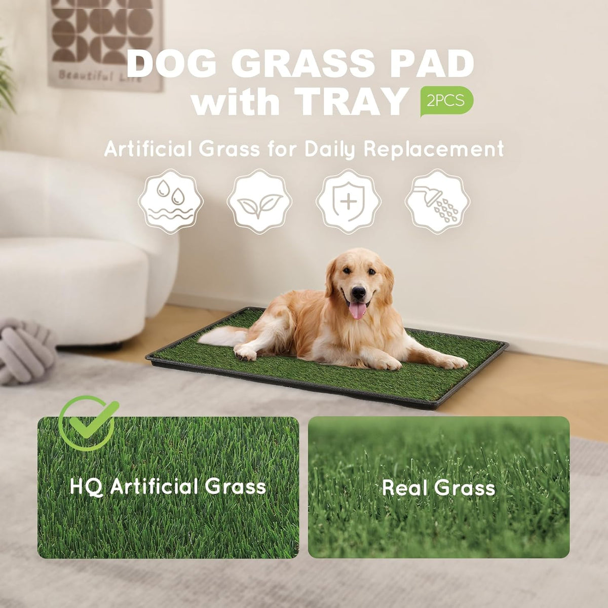 HQ4us Dog Grass Pad with Tray Extra Large 45”×34” Dog Litter Box Toilet with 2×Artificial Grass for