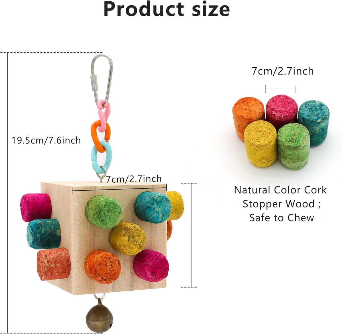 Square Bird Chew Toy, Parrot Cork Stopper Toys Bird Swing Bell Hanging Wooden Puzzle Foraging Toys