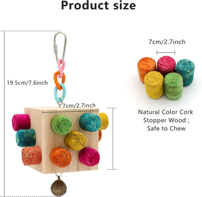 Square Bird Chew Toy, Parrot Cork Stopper Toys Bird Swing Bell Hanging Wooden Puzzle Foraging Toys