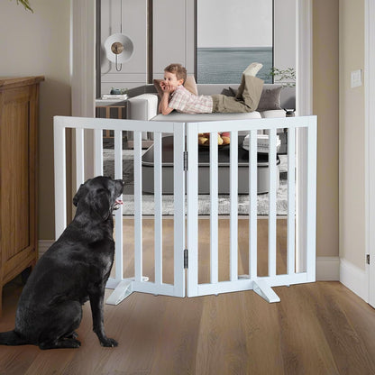 ZJSF Freestanding Indoor Dog Gate for House Foldable Wood White Puppy Gate for Doorways Pet Gate