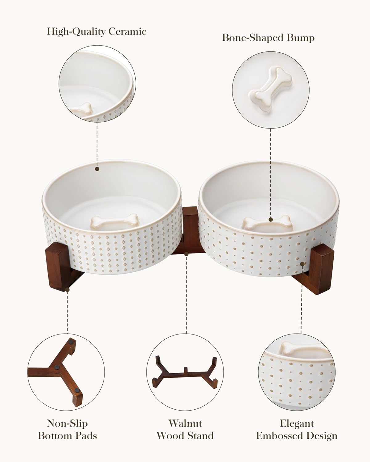 MALACASA Dog Bowl Set with Walnut Wood Stand, 3.5 Cups Ceramic Pet Bowls for Puppy Dogs, Dual Food