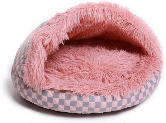 Cat Bed Hooded Plush Nest with Self-Warming Cozy Cave, Calming Anti-Anxiety Pet Bed for Indoor Cats