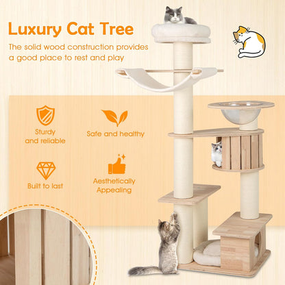 Tangkula 69” Tall Cat Tree, Multi-Layer Wood Cat Tower with Scratching Posts, Perch, Condo, Space
