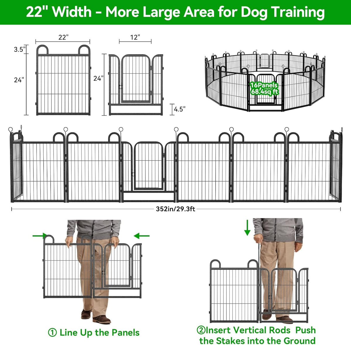 Puppy Playpen 16 Panels Small Dog Fence Outdoor Indoor Use 24" Height Anti-Rust with Doors Portable