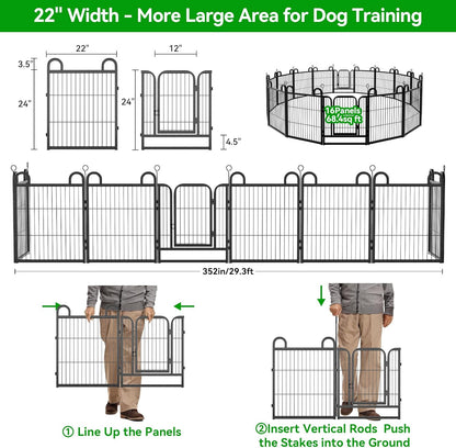 Puppy Playpen 16 Panels Small Dog Fence Outdoor Indoor Use 24" Height Anti-Rust with Doors Portable