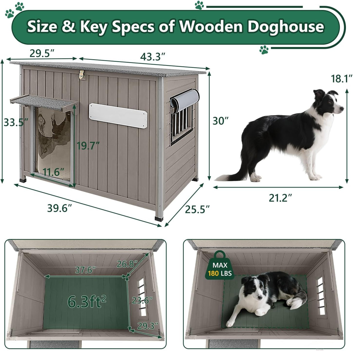 43.3" L Large Outdoor Dog House Weatherproof Doghouse for Medium to Large Dogs with Anti Bite