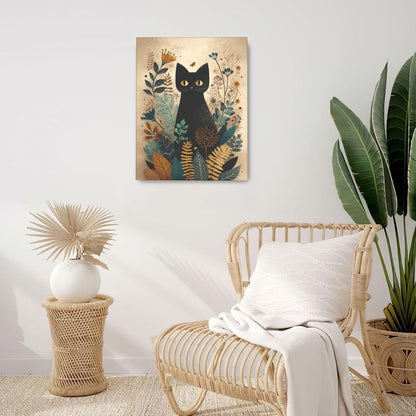 Boho Black Cat Wall Art Kitten Botanical Wall Decor Mid Century Modern Canvas Painting Print