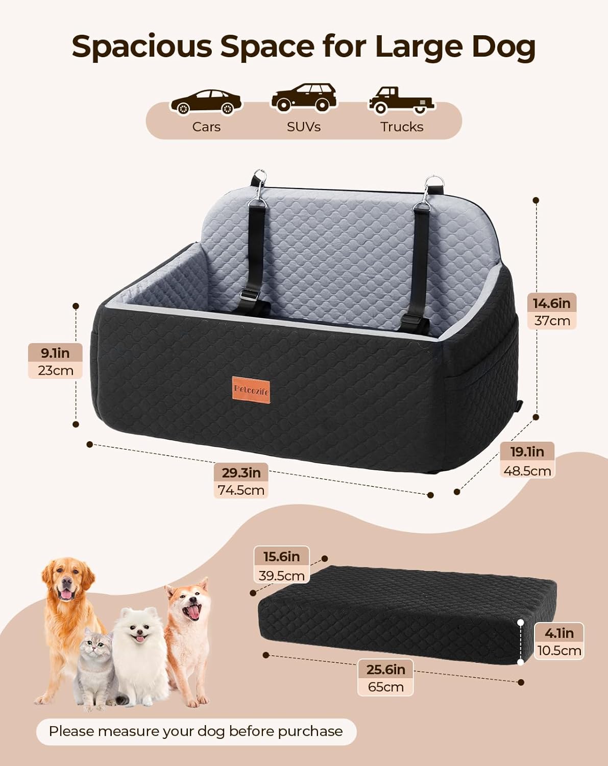 Dog Car Seat for Large Medium Dogs, Pet Car Seat Under 55 lbs or 2 Puppies, Removable Washable Pets