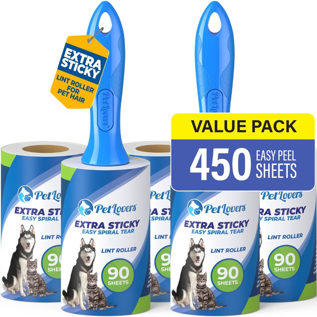 PetLovers Extra Sticky Lint Roller Mega Value Set 450 Sheets for Pet Hair Removal and Clothes, Dog