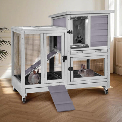 Rabbit Hutch Indoor for 2-4 Rabbits & Guinea Pigs，Bunny Cage with Slide-Out Plastic Trays，Wooden