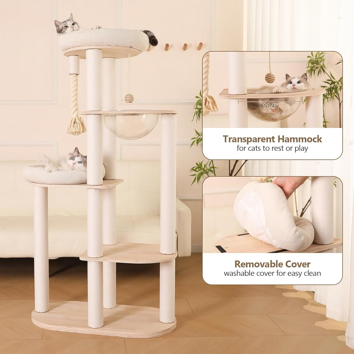 59" Modern Cat Tree Multi-Level Large Cat Tower Heavy Duty Cat Tree with Hammock,Cotton Scratching
