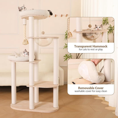 59" Modern Cat Tree Multi-Level Large Cat Tower Heavy Duty Cat Tree with Hammock,Cotton Scratching
