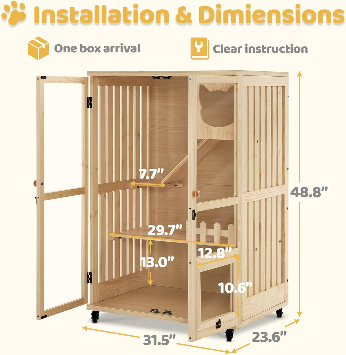 MCombo Wooden Cat Houses for Indoor Cats, Luxury Kitten House with Scratching Pad, Lockable Doors