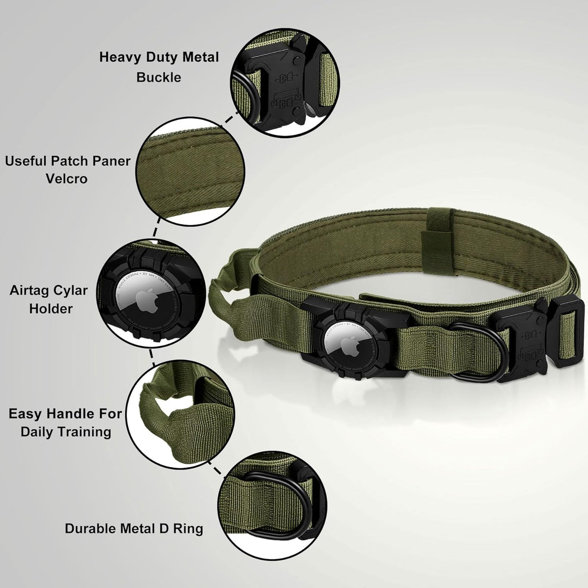 Tactical AirTag Dog Collar - Heavy Duty, Adjustable GPS Collar Compatible with Apple AirTag, with