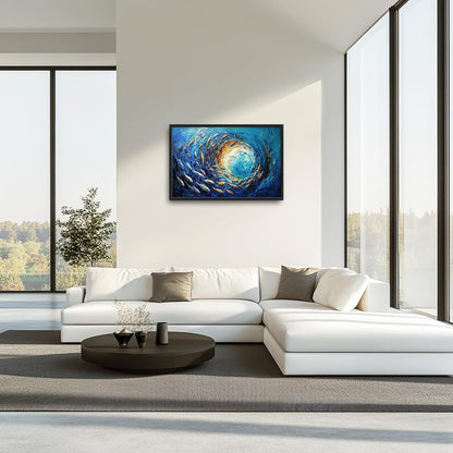 Extra Large Framed Abstract Ocean Fish Wall Art,Oversized Blue Sea Nautical Fish Wall Decor