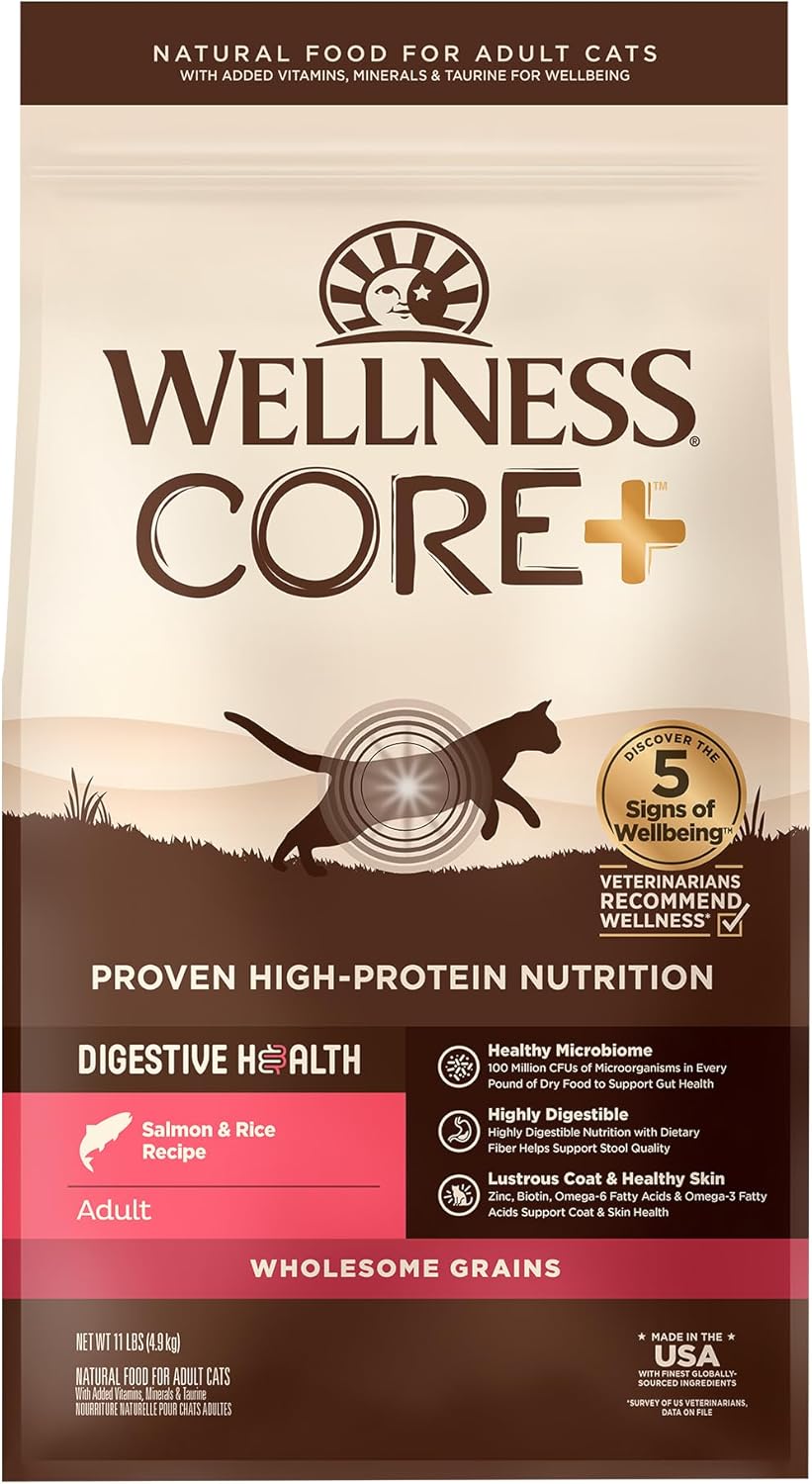 Wellness CORE+ Adult Dry Cat Food for Indoor and Outdoor Cats, Wholesome Grains, Natural, Digestive