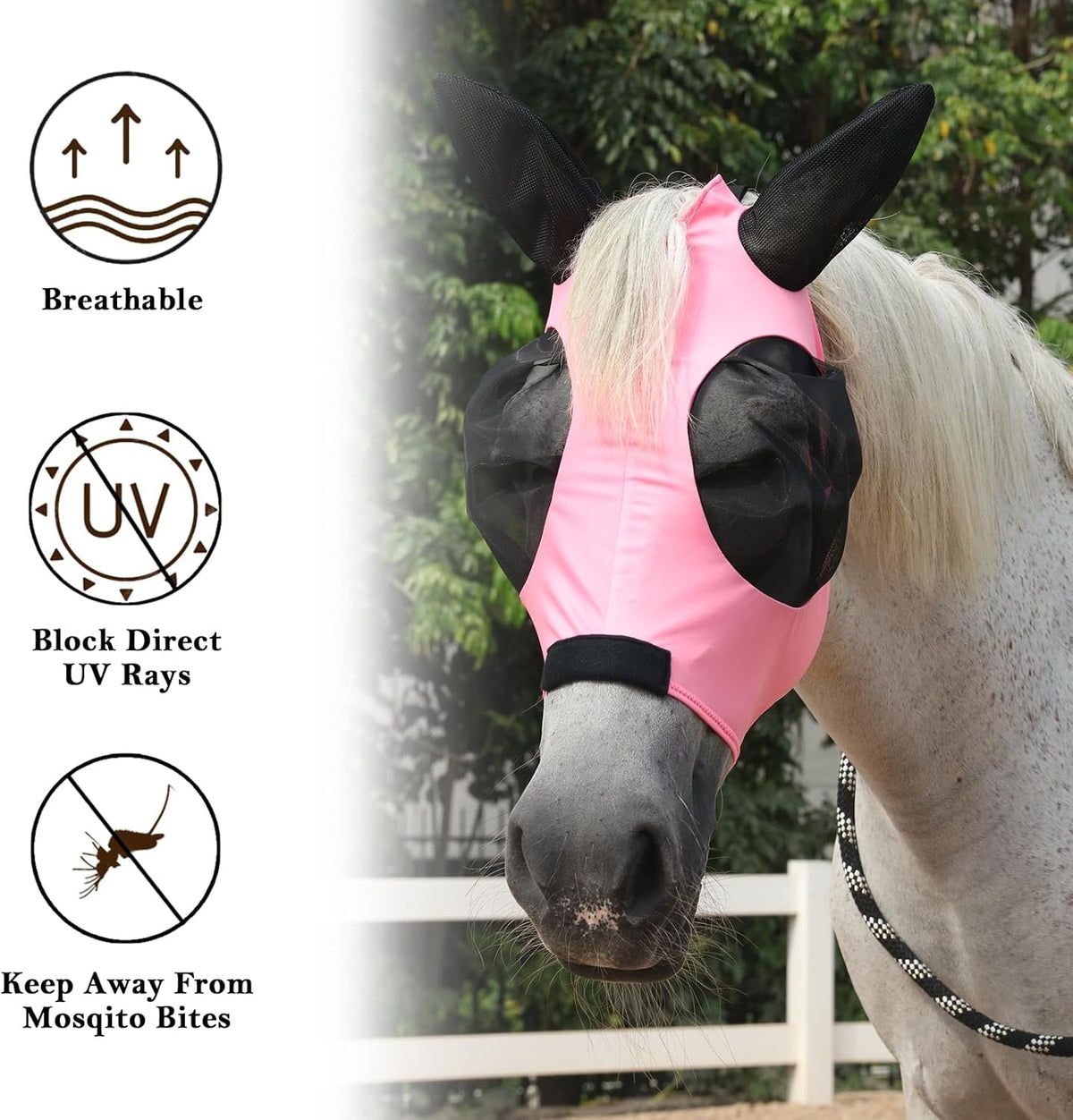 Horse Fly Mask with Ears - Large Eye Space for Full Vision, Breathable Stretch Comfort Fit, UV