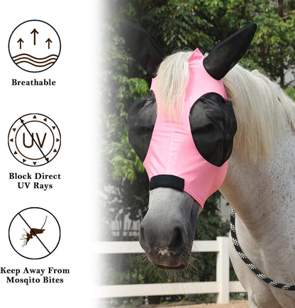 Horse Fly Mask with Ears - Large Eye Space for Full Vision, Breathable Stretch Comfort Fit, UV