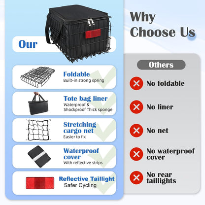 Bike Basket Rear, Folding Bicycle Basket with Removable Waterproof Liner Bag, Rear Bike Cargo Rack