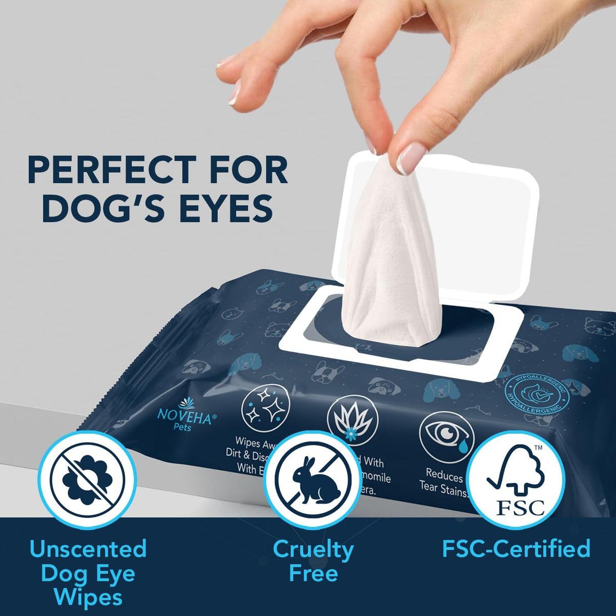 NOVEHA 100PCs Dog Eye Wipes - Tear Stain Remover for Dogs - Formulated with Chamomile and Aloe to