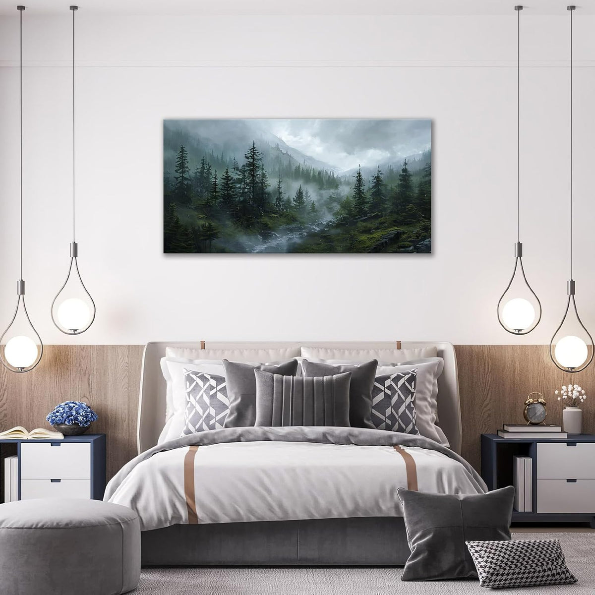 Large Forest Wall Art Nature Misty Mountain Canvas Living Room Tree Landscape Pictures Framed