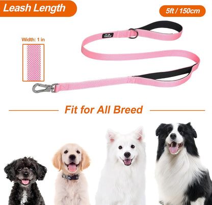 TwoEar 5FT 1IN Strong Pink Dog Leash with 2 Padded Handles, Traffic Handle Extra Control