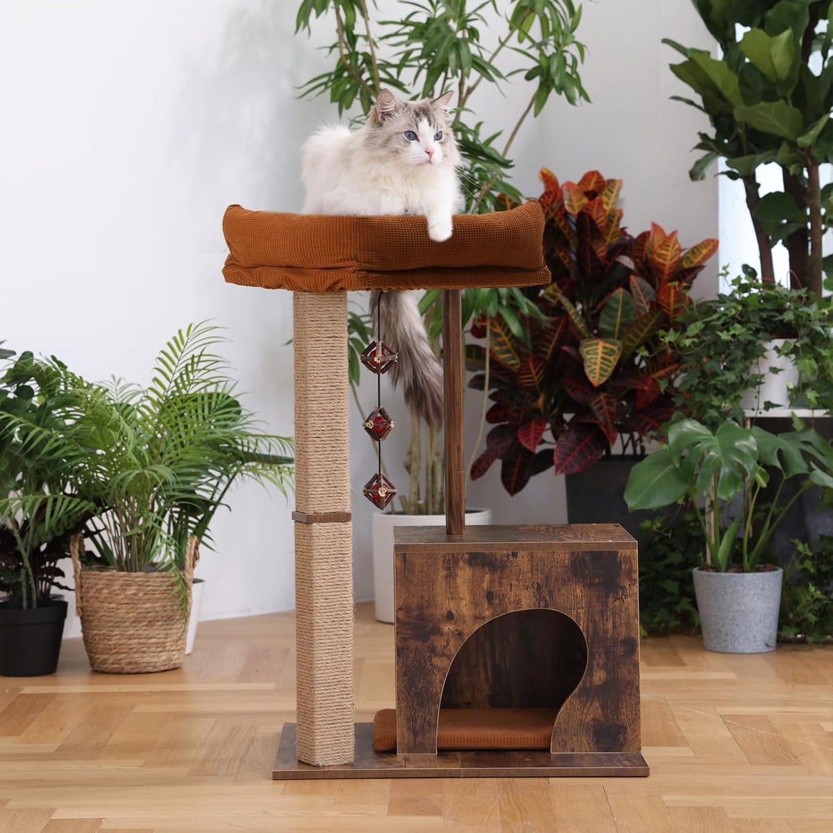FUKUMARU Cat Scratching Post, Modern Style Cat Tree with Unique Square Post, Wooden Cat Tower with