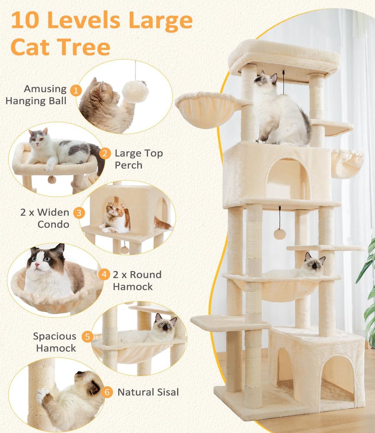 Cat Tree Large Cat Tower Tree 68" Multi-Level Cat Tower for Indoor Cats with Sisal Scratching