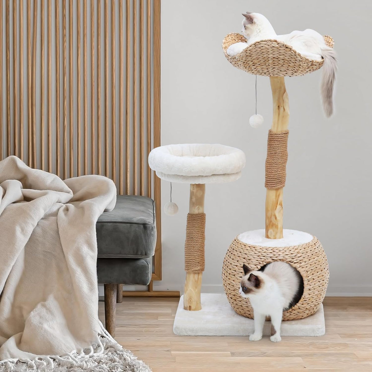 Modern Cat Tree Tower for Indoor Cats, Real Branch Luxury Cat Condo with Scratching Post, Jumping